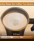 Top view of black 4 In 1 Electric Milk Frother And Steamer For Hot And Cold Foam 11 oz capacity showing frothing milk inside
