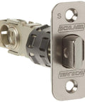 Camelot Front Entry Handleset With Left Handed Flair Lever In Satin Nickel Finish latch mechanism close-up