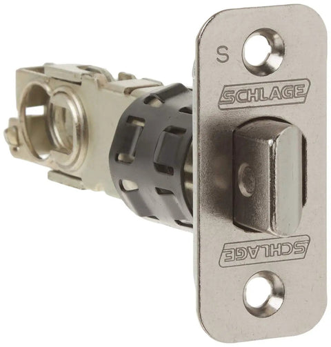 Camelot Front Entry Handleset With Left Handed Flair Lever In Satin Nickel Finish latch mechanism close-up