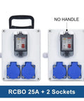 Two Boartechs wall-mounted outdoor socket boxes with blue 16A outlets and a central switch, IP54 waterproof.