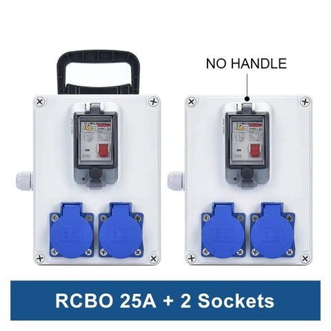 Two Boartechs wall-mounted outdoor socket boxes with blue 16A outlets and a central switch, IP54 waterproof.