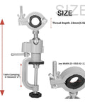 No Hassle 360 Degree Swivel Tool Holder Bracket And Table Vise Stand showing size dimensions and clamping specs for precise use.