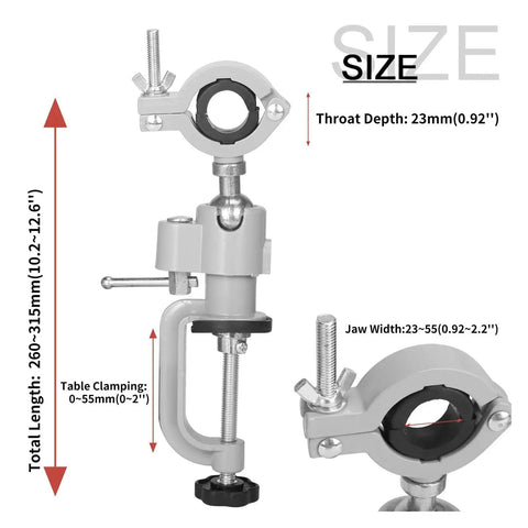 No Hassle 360 Degree Swivel Tool Holder Bracket And Table Vise Stand showing size dimensions and clamping specs for precise use.