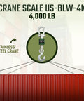 Heavy Duty Digital Crane Scale With Bright Backlit Screen And Secure Pallet Hook For Warehouse Shipping And Construction Weighing Up To 4000 Lb Capacity Built Tough For The Daily Jobsite Grind hanging from stainless steel hook.