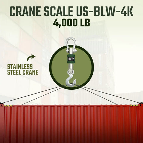 Heavy Duty Digital Crane Scale With Bright Backlit Screen And Secure Pallet Hook For Warehouse Shipping And Construction Weighing Up To 4000 Lb Capacity Built Tough For The Daily Jobsite Grind hanging from stainless steel hook.