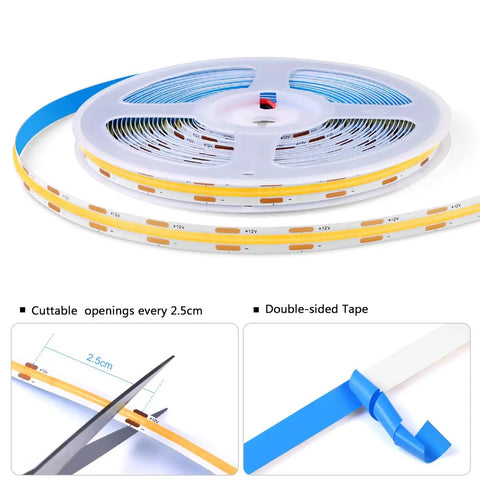 12V Modular COB LED Cabinet Light Strips, 6 X 3.3ft, Touch Dimmer, 3000K Warm Glow, showing cuttable options and double-sided tape