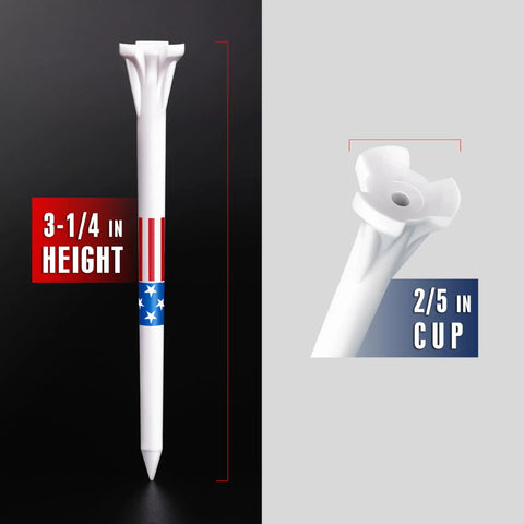 Three Prong Plastic Golf Tees 100 Pack Star And Stripe Edition For Consistent Height And Solid Distance Control Reduced Friction Tee Head With Three Prongs Three And A Quarter Inch Length Durable Plastic Tees For Better Shot Consistency showing height and cup dimensions.