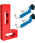 Heavy Duty Aluminum Quick Release Picture Frame Clamp With Right Angle Design And Rock Solid 600 Pound Grip Scratch Free Rubber Pads For No Sweat Woodworking Assembly Green with red angle clamp and blue clamps.