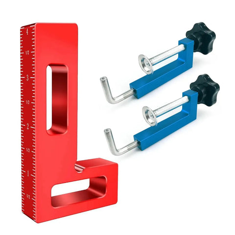 Heavy Duty Aluminum Quick Release Picture Frame Clamp With Right Angle Design And Rock Solid 600 Pound Grip Scratch Free Rubber Pads For No Sweat Woodworking Assembly Green with red angle clamp and blue clamps.