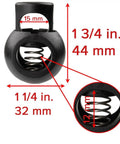 Extra Large Spring Loaded Plastic Cord Locks For Up To Five Eighths Inch Bungee Cords And Utility Ropes, dimensions displayed