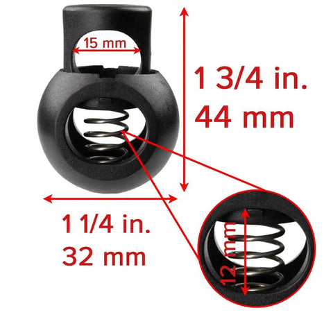 Extra Large Spring Loaded Plastic Cord Locks For Up To Five Eighths Inch Bungee Cords And Utility Ropes, dimensions displayed
