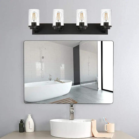 4 Light Black Vanity Light Fixture For Bathroom, Dope Modern Wall Mount With Seeded Glass Shades, 31 Inch Over Mirror