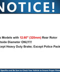 Notice about rear disc brake kit compatibility for Chrysler 300, Challenger, Charger, and Magnum with 12.60 inch rotors.