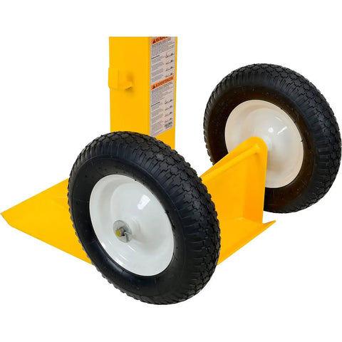 Heavy Duty Rugged Trailer Jack Stand With Slick Rolling Wheels, 41 To 55 Inch Adjustable Height Steel Base, Fold Away Hand Crank close-up of wheels