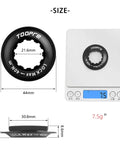 Centerlock Rotor Lockring For Disc Brakes Internal Spline CNC Aluminum Built Tough Lock Ring on scale weighing 7.5g, size details shown