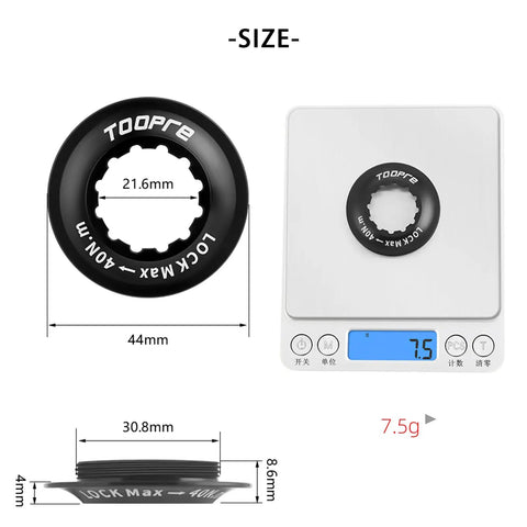 Centerlock Rotor Lockring For Disc Brakes Internal Spline CNC Aluminum Built Tough Lock Ring on scale weighing 7.5g, size details shown