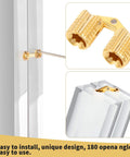 Six 8 Mm Hidden Brass Hinges With 24 Screws For Concealed Cabinet Hardware, 180 Degree Opening, brass finish installed on white frame