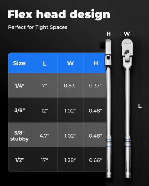 Flexible Head Ratchet Set With One Quarter Inch, Three Eighths Inch, And One Half Inch Drives, size chart displayed