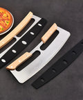 10 Piece Pizza Cutter Edge Guards And Knife Protectors with wooden handles and black half-round plastic cover on dark surface