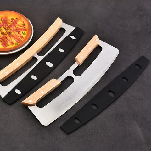 10 Piece Pizza Cutter Edge Guards And Knife Protectors with wooden handles and black half-round plastic cover on dark surface
