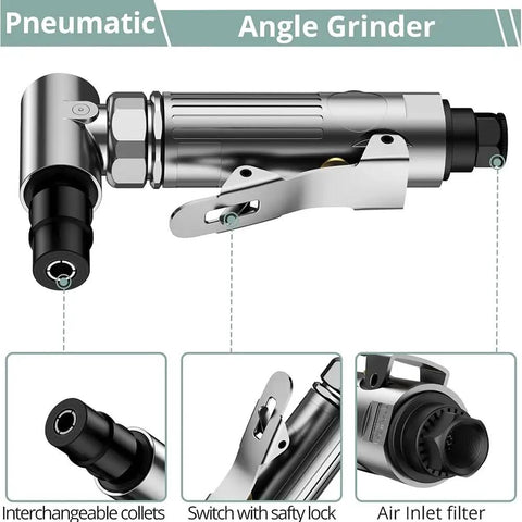 Tough 90 Degree Angle Air Die Grinder With High Torque Motor and Slip Resistant Grip for metal grinding with safety lock.