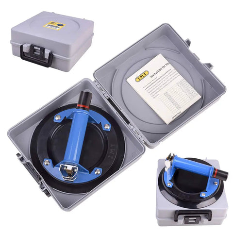Heavy Duty 8 Inch Glass Suction Cup With Metal Handle in storage case, includes easy grip vacuum lifter and instruction manual.