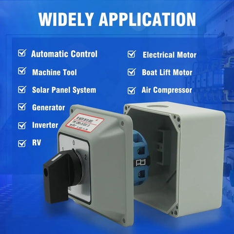 High Current 25A Rotary Changeover Switch For Solar Power Rig Setup With Exterior Box, 3 Position 2 Pole 8 Terminal, display of uses