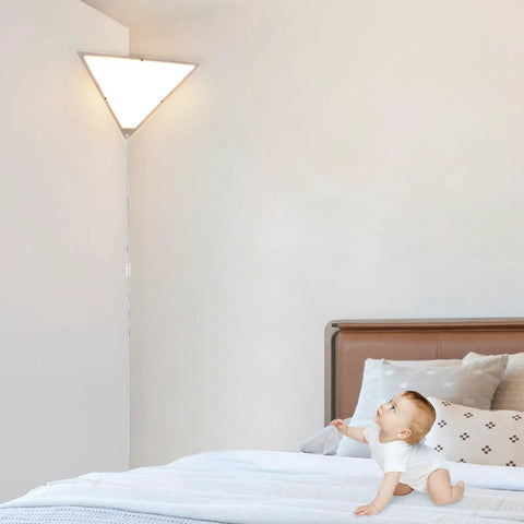 Triangle Corner Light With Switch illuminating a bedroom with a baby on the bed, plug-in ceiling lamp, white acrylic panel