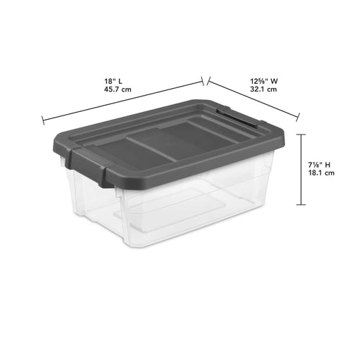 Six Pack 16 Quart Stackable Storage Bins With Snap Tight Lids And Non Slip Base Mats Dark Gray Clear Plastic Heavy Duty Organizers, 18" L x 12.5" W.