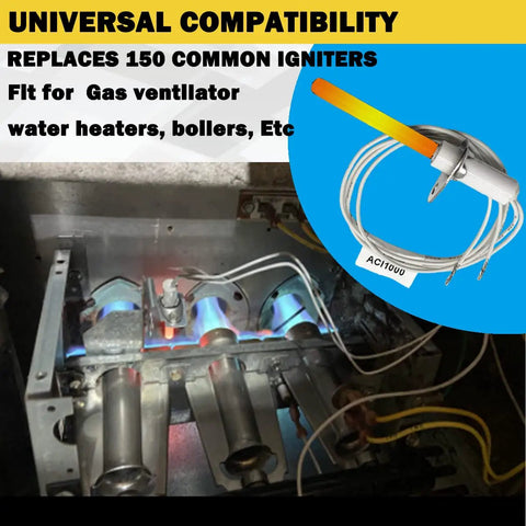 Universal Silicon Nitride Hot Rod Ignitor for Gas Furnaces shown near operating furnace with compatibility details.