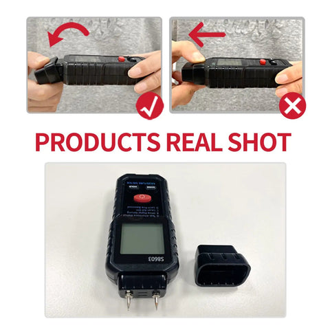 Pin Type Digital Wood Moisture Meter 0-99.9% With Backlit Display, Ultra Accurate Wood Humidity Tester For Firewood, Timber, Lumber, Carton And Paper, Handy Woodworking Gauge Detector With Protective Cover And 0.1% Resolution. Black pin-type moisture meter with cover removed
