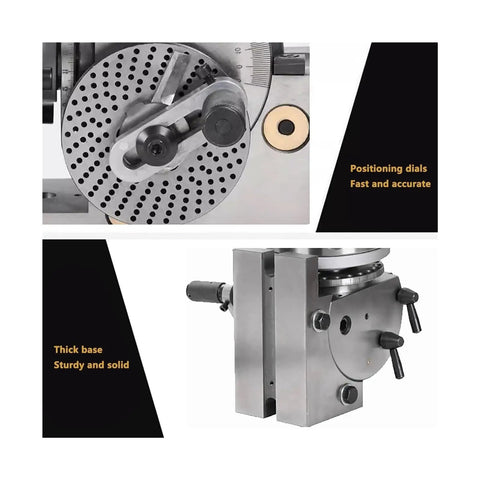 Universal Indexing Head For Milling Machines With Interchangeable Index Plates and Direct Fit Mount showing positioning dials and sturdy base.