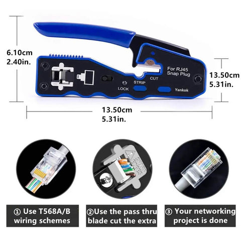 RJ45 Pass Through Crimp Tool For Cat5 Cat5e Cat6 Cat6a And Cat7 Shielded Mod Plugs 8P8C Built In Pass Through Blade Compact Design