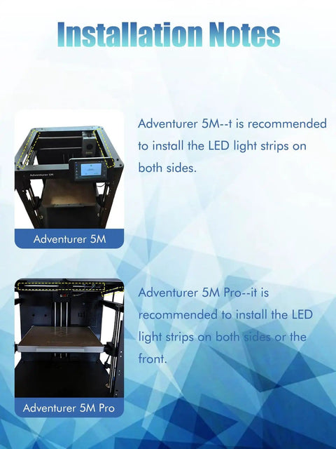 Installation instructions for LED Light Kit For Adventurer 5M And 5M Pro 3D Printer Enclosures, showing enclosure models.