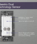 Maestro Dual Tech Occupancy Sensor Switch No Neutral Required 6 Amp Single Pole in white displayed with features labeled