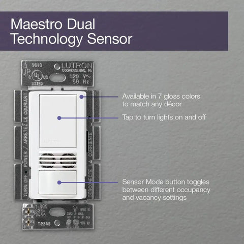 Maestro Dual Tech Occupancy Sensor Switch No Neutral Required 6 Amp Single Pole in white displayed with features labeled
