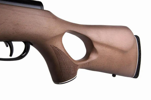 Close-up of wood stock on Trail XL Magnum 22 Caliber Break Barrel Air Rifle With Wood Stock And CenterPoint 3-9x40 Scope