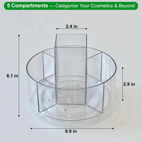360 Degree Rotating Makeup Organizer With Lazy Susan Turntable, clear acrylic tray with 5 compartments for vanity or desk