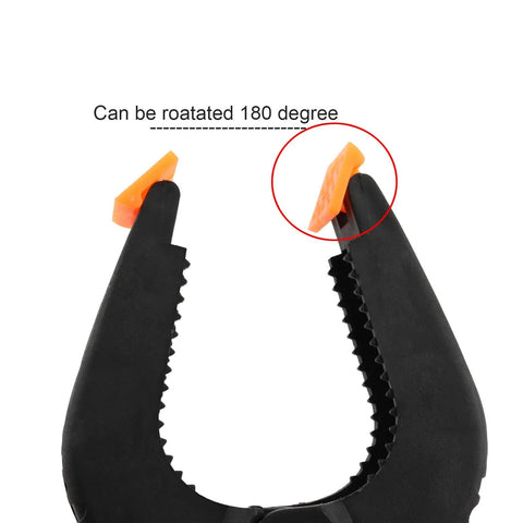 Close-up of Six Pack 9 Inch Hefty Spring Clamps Made From Tough Nylon With Cushioned Jaw Tips, showcasing adjustable jaw.  