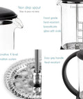 French Press Coffee And Tea Maker 12 Oz With Borosilicate Glass And Four Level Filtration System close-up features view