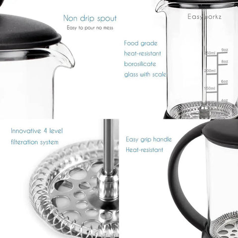 French Press Coffee And Tea Maker 12 Oz With Borosilicate Glass And Four Level Filtration System close-up features view