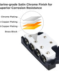 Beefy Six Way Power Distribution Block For Car Audio Grounding With Forged Brass Construction Marine Grade Satin Chrome Finish Two In And Four Out From Gauges 0 2 4 In And 0 2 4 Out High Temperature Polycarbonate Base For Maximum Power Transfer, brass block