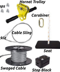 Components of Backyard Zip Line Kit With 200 Ft Galvanized Aircraft Cable Stainless Steel Trolley With Dual Ball Bearings