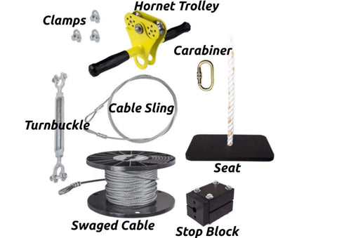 Components of Backyard Zip Line Kit With 200 Ft Galvanized Aircraft Cable Stainless Steel Trolley With Dual Ball Bearings