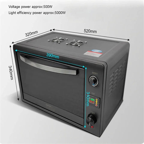 Premium Cold Light UV Curing Box For DLP LCD SLA 3D Printers No Sweat Setup showing dimensions 520mm x 340mm x 390mm.