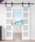 Dope Double Glass Barn Door Kit With 8 Ft Hardware 21 By 84 Inch MDF Slab Door With Frosted Tempered Glass installed view