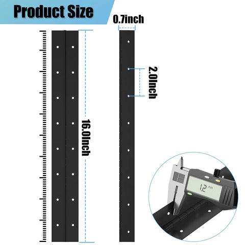 Top Shelf 16 Inch Piano Hinge Four Piece Continuous Cabinet Door Kit Tough As Nails, showing 16 inch black coated stainless steel dimensions.