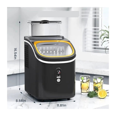 Hassle Free Countertop Ice Maker With 30 Lbs Daily Yield And Automatic Self Cleaning Plus 24 Hour Smart Timer For Crisp Cubes Includes Quick Grab Scoop And Carry Basket For Backyard Chill on a countertop with drinks.
