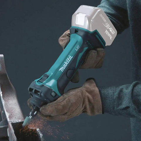 Heavy Duty 18V Cordless Die Grinder delivering gutsy 26000 RPM held in gloved hand with sparks flying.