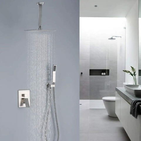 Brushed Nickel Ceiling Mount Shower System 10 Inch Overhead Rain Shower With Handheld Hose Brass Valve Stainless Trim All In One